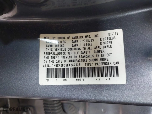 2015 Honda Accord Sedan Sport with VIN 1HGCR2F56FA247626, listed as a IAAI auction lot 41756043 with 127,185 mi miles. Bid and sale history available at carsss.com. Image 9.