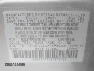 2014 Nissan Sentra SV with VIN 3N1AB7AP0EY274768, listed as a IAAI auction lot 42512925 with 184,584 mi miles and . Bid and sale history available at DreamBid. Image 9.