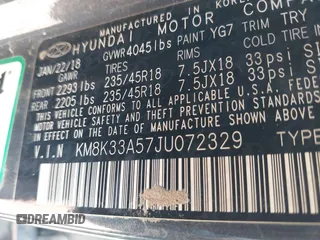 2018 Hyundai Kona Limited with VIN KM8K33A57JU072329, listed as a IAAI auction lot 41694616 with 107,801 mi miles. Bid and sale history available at carsss.com. Image 9.