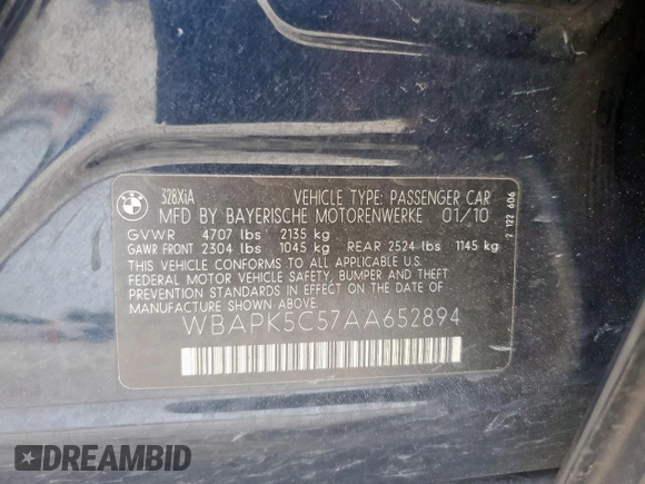 2010 BMW 3 Series 328i xDrive with VIN WBAPK5C57AA652894, listed as a Copart auction lot 62106955 with 114,310 mi miles and Salvage title. Bid and sale history available at DreamBid. Image 12.