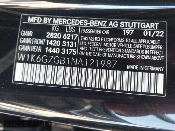 2022 Mercedes-Benz S 580 with VIN W1K6G7GB1NA121987, listed as a IAAI auction lot 42174949 with 90,708 mi miles and . Bid and sale history available at carsss.com. Image 9.