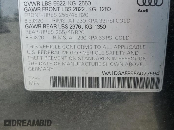 2014 Audi Q5 Premium Plus with VIN WA1DGAFP5EA077594, listed as a Copart auction lot 52020915 with 187,290 mi miles and Salvage title. Bid and sale history available at DreamBid. Image 13.