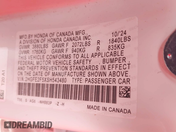 2025 Honda Civic Sport with VIN 2HGFE2F5XSH543480, listed as a IAAI auction lot 42229756 with 3,515 mi miles and . Bid and sale history available at DreamBid. Image 9.