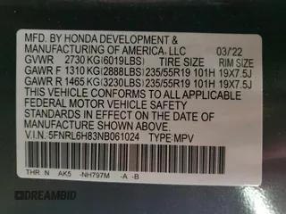 2022 Honda Odyssey Touring with VIN 5FNRL6H83NB061024, listed as a Copart auction lot 55073695 with 31,440 mi miles and Salvage title. Bid and sale history available at DreamBid. Image 14.