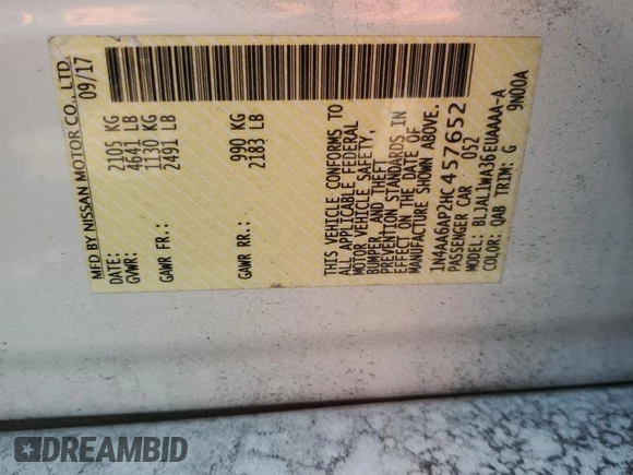 2017 Nissan Maxima SV with VIN 1N4AA6AP2HC457652, listed as a Copart auction lot 48262505 with 98,503 mi miles and Salvage Title. Bid and sale history available at DreamBid. Image 12.