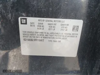 2015 Chevrolet Malibu LS with VIN 1G11A5SL1FF118417, listed as a IAAI auction lot 41810616 with 199,831 mi miles. Bid and sale history available at carsss.com. Image 9.