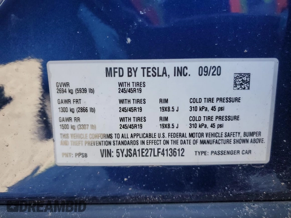 2020 Tesla Model S Long Range с VIN 5YJSA1E27LF413612, выставлен на аукционе Copart как лот 50830265 с пробегом Не указан миль и Списание • Salvage title. История ставок и продаж доступна на DreamBid. Изображение 12.