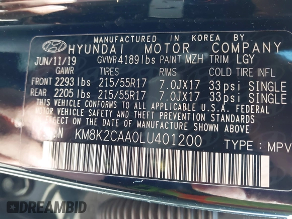 2020 Hyundai Kona SEL with VIN KM8K2CAA0LU401200, listed as a IAAI auction lot 41883466 with 47,796 mi miles and . Bid and sale history available at DreamBid. Image 9.