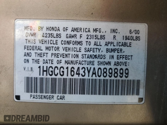 2000 Honda Accord LX z VIN 1HGCG1643YA089899, wystawiony jako Copart lot #54937555 z przebiegiem 196 596 mil mil oraz Szkoda całkowita • Salvage title. Historia ofert i sprzedaży dostępna na DreamBid. Obrazek 12.