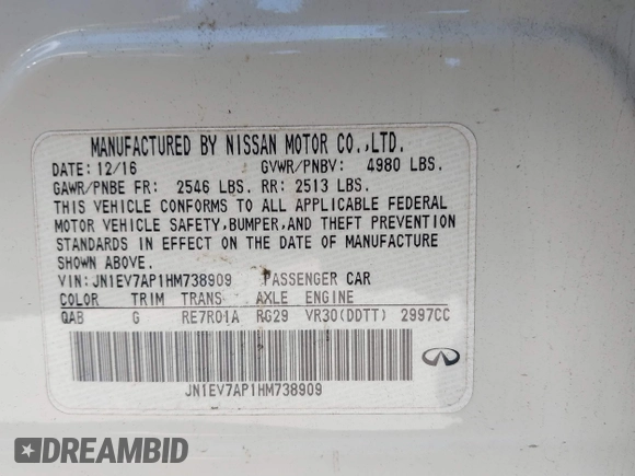 2017 Infiniti Q50 Signature Edition with VIN JN1EV7AP1HM738909, listed as a IAAI auction lot 40269786 with 81,599 mi miles and . Bid and sale history available at DreamBid. Image 9.