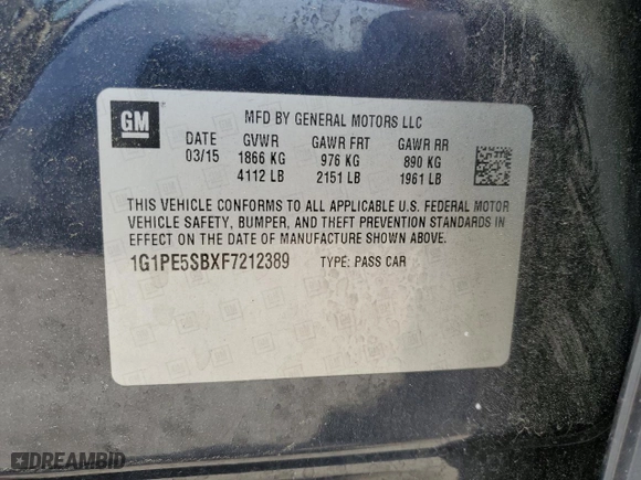 2015 Chevrolet Cruze LT with VIN 1G1PE5SBXF7212389, listed as a Copart auction lot 50538485 with 46,077 mi miles and Salvage Title. Bid and sale history available at carsss.com. Image 12.