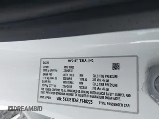 2020 Tesla Model 3 Standard Range Plus with VIN 5YJ3E1EA2LF740225, listed as a IAAI auction lot 41781554 with 46,703 mi miles. Bid and sale history available at carsss.com. Image 9.