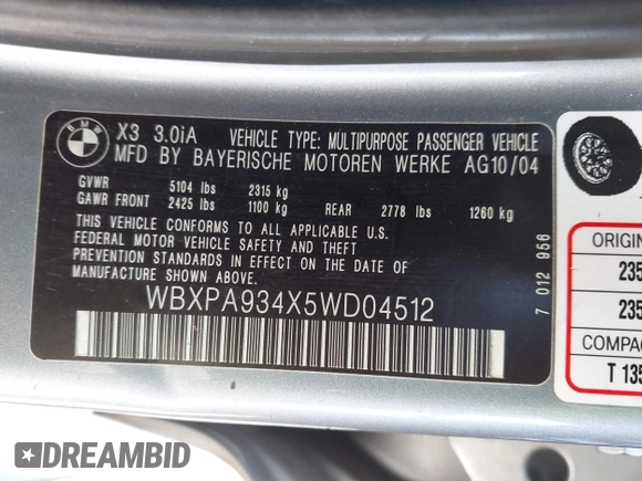 2005 BMW X3 3.0i z VIN WBXPA934X5WD04512, wystawiony jako IAAI lot #42138621 z przebiegiem 156 197 mil mil oraz . Historia ofert i sprzedaży dostępna na DreamBid. Obrazek 9.