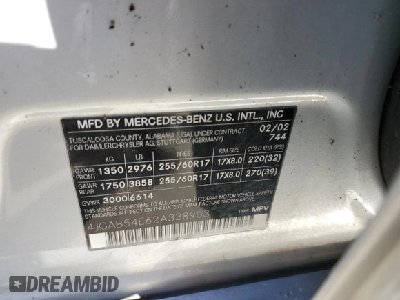 2002 Mercedes-Benz M-Class with VIN 4JGAB54E62A338903, listed as a Copart auction lot 83446494 with 63,255 mi miles and Clean Title. Bid and sale history available at carsss.com. Image 12.