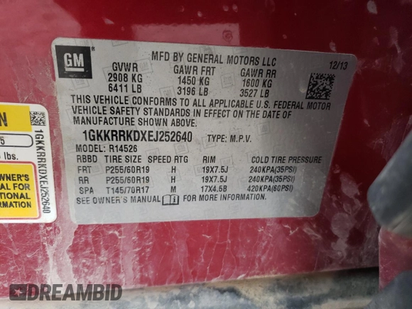 2014 GMC Acadia SLT z VIN 1GKKRRKDXEJ252640, wystawiony jako Copart lot #55743615 z przebiegiem 160 473 mil mil oraz Szkody całkowita. Historia ofert i sprzedaży dostępna na DreamBid. Obrazek 14.