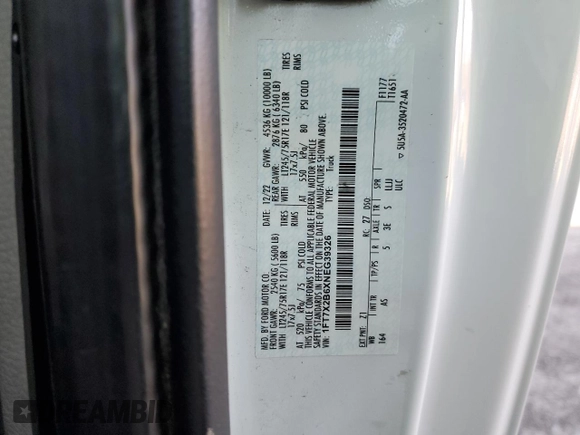 2022 Ford F-250 XL with VIN 1FT7X2B6XNEG39326, listed as a Copart auction lot 88091315 with 54,242 mi miles and Salvage Title. Bid and sale history available at DreamBid. Image 14.