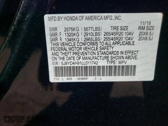 2020 Acura MDX w/Advance/Entertainment Pkg with VIN 5J8YD4H91LL011742, listed as a Copart auction lot 70460713 with 105,260 mi miles. Bid and sale history available at carsss.com. Image 12.