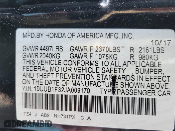 2018 Acura TLX with VIN 19UUB1F32JA009170, listed as a IAAI auction lot 41849234 with 136,791 mi miles and . Bid and sale history available at DreamBid. Image 9.