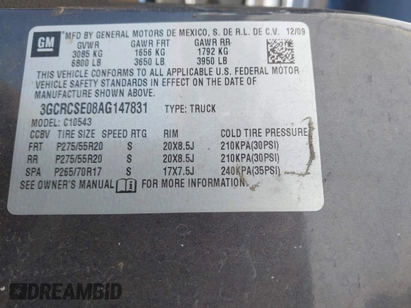 2010 Chevrolet Silverado 1500 LT with VIN 3GCRCSE08AG147831, listed as a IAAI auction lot 41974910 with 133,315 mi miles and . Bid and sale history available at DreamBid. Image 9.