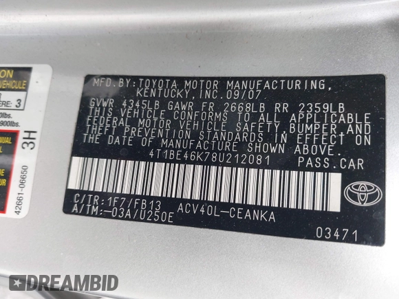 2008 Toyota Camry LE with VIN 4T1BE46K78U212081, listed as a IAAI auction lot 42118364 with 113,794 mi miles and . Bid and sale history available at DreamBid. Image 9.