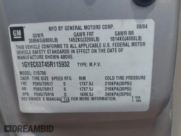 2005 Cadillac Escalade with VIN 1GYEC63T45R115932, listed as a IAAI auction lot 42756514 with 373,014 mi miles and . Bid and sale history available at DreamBid. Image 9.
