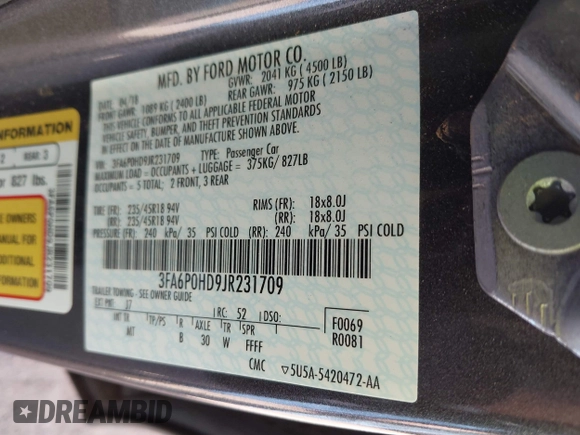 2018 Ford Fusion SE with VIN 3FA6P0HD9JR231709, listed as a IAAI auction lot 42062198 with 65,971 mi miles and . Bid and sale history available at carsss.com. Image 9.