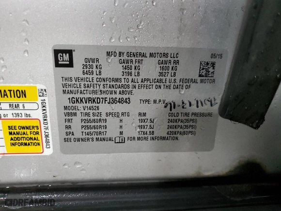 2015 GMC Acadia SLT with VIN 1GKKVRKD7FJ364843, listed as a Copart auction lot 88878865 with 198,127 mi miles and Salvage Title. Bid and sale history available at carsss.com. Image 14.