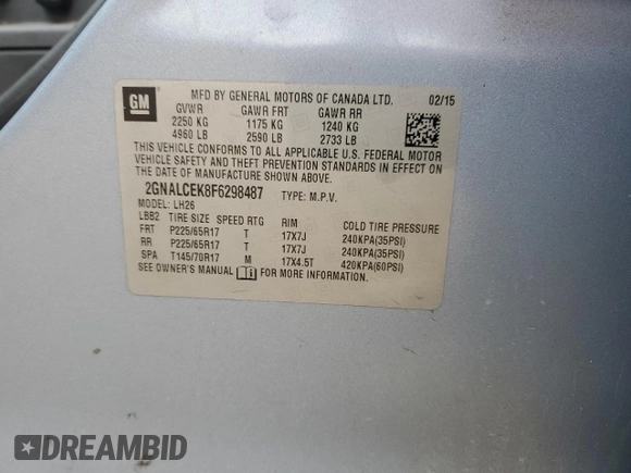 2015 Chevrolet Equinox LT with VIN 2GNALCEK8F6298487, listed as a Copart auction lot 44777575 with 186,027 mi miles and Salvage Title. Bid and sale history available at DreamBid. Image 13.