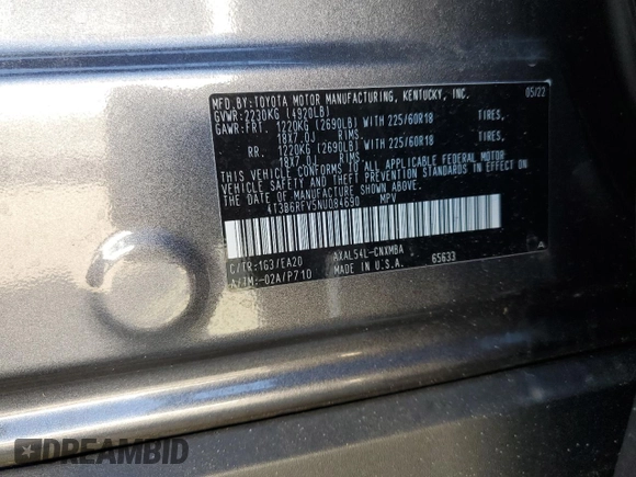 2022 Toyota RAV4 Hybrid XLE Premium with VIN 4T3B6RFV5NU084690, listed as a Copart auction lot 61301965 with 38,925 mi miles and Salvage title. Bid and sale history available at DreamBid. Image 13.