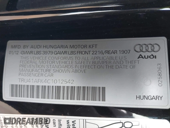 2012 Audi TTS z VIN TRU41AFK4C1012542, wystawiony jako IAAI lot #41746061 z przebiegiem 57 705 mil mil oraz . Historia ofert i sprzedaży dostępna na DreamBid. Obrazek 9.