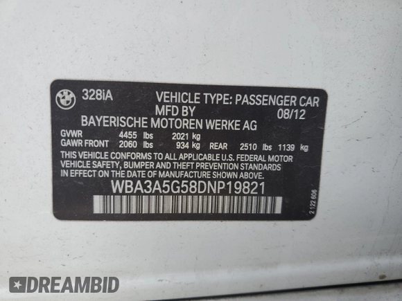 2013 BMW 3 Series 328i with VIN WBA3A5G58DNP19821, listed as a Copart auction lot 55409755 with 110,257 mi miles and Salvage Title. Bid and sale history available at DreamBid. Image 13.