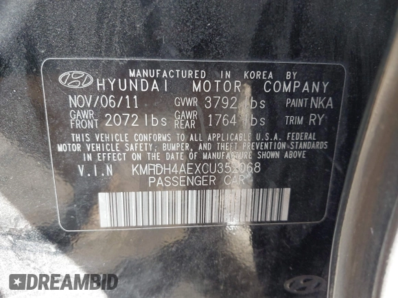 2012 Hyundai Elantra Limited with VIN KMHDH4AEXCU352068, listed as a IAAI auction lot 42139109 with 189,464 mi miles and . Bid and sale history available at DreamBid. Image 9.