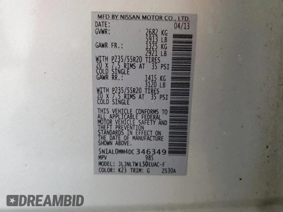 2013 Infiniti JX35 with VIN 5N1AL0MM4DC346349, listed as a Copart auction lot 54494605 with 186,729 mi miles and Salvage Title. Bid and sale history available at DreamBid. Image 13.