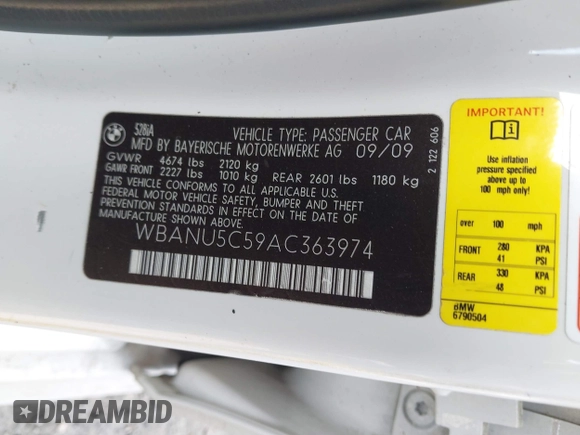 2010 BMW 5 Series 528i with VIN WBANU5C59AC363974, listed as a IAAI auction lot 41679894 with Not Provided miles and . Bid and sale history available at carsss.com. Image 9.
