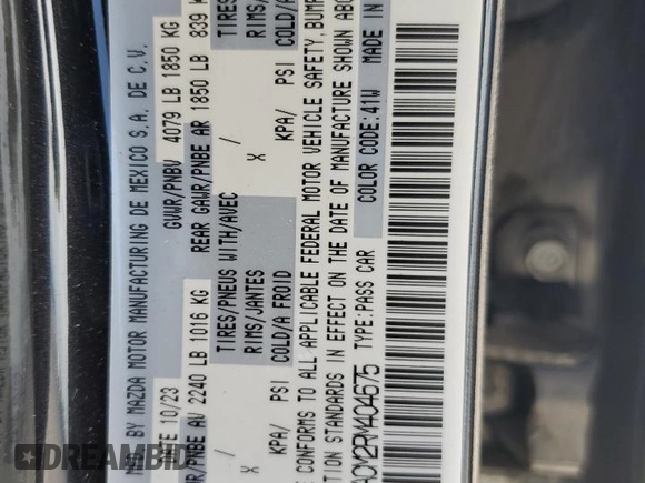 2024 Mazda 3 S Preferred с VIN 3MZBPACM2RM404675, выставлен на аукционе Copart как лот 63808045 с пробегом 2 145 миль миль и Списание • Salvage title. История ставок и продаж доступна на DreamBid. Изображение 13.