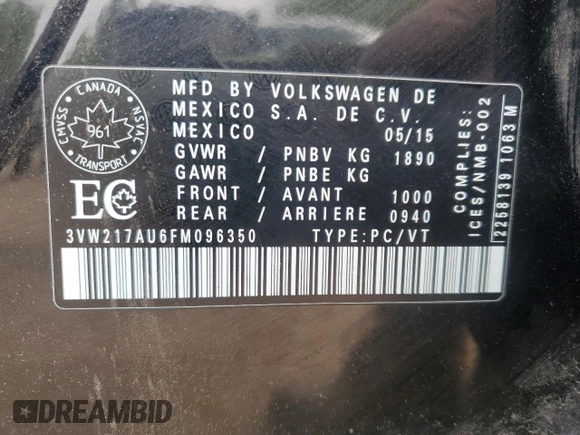 2015 Volkswagen Golf TSI S с VIN 3VW217AU6FM096350, выставлен на аукционе Copart как лот 58926735 с пробегом 176 518 миль миль и Списание • Salvage title. История ставок и продаж доступна на DreamBid. Изображение 13.