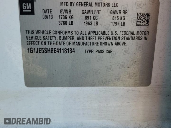 2014 Chevrolet Sonic LTZ with VIN 1G1JE5SH8E4118134, listed as a Copart auction lot 86915364 with 116,484 mi miles and Salvage Title. Bid and sale history available at carsss.com. Image 14.