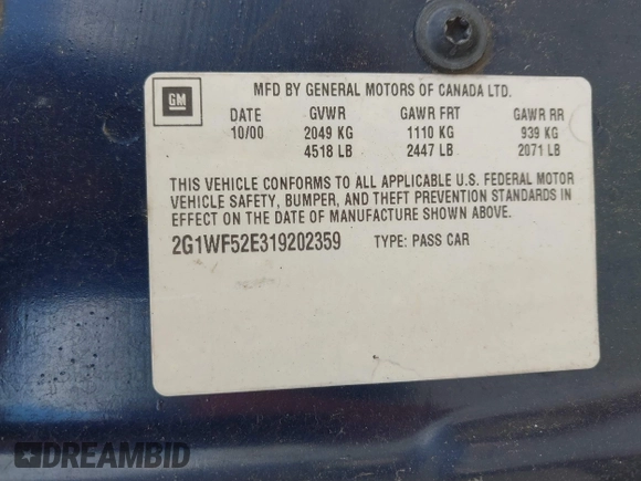 2001 Chevrolet Impala z VIN 2G1WF52E319202359, wystawiony jako IAAI lot #42250451 z przebiegiem Nie podano mil oraz . Historia ofert i sprzedaży dostępna na DreamBid. Obrazek 9.