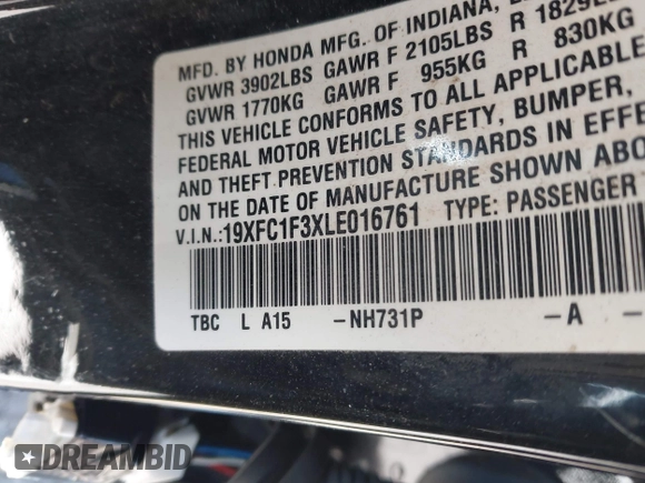2020 Honda Civic Sedan EX with VIN 19XFC1F3XLE016761, listed as a IAAI auction lot 41670321 with 64,958 mi miles. Bid and sale history available at carsss.com. Image 9.