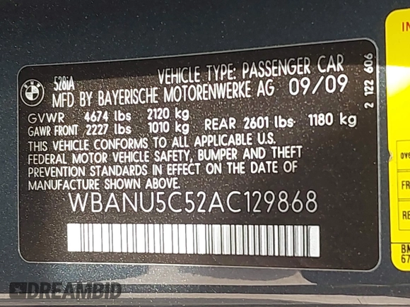 2010 BMW 5 Series 528i with VIN WBANU5C52AC129868, listed as a IAAI auction lot 41765467 with 228,161 mi miles and . Bid and sale history available at carsss.com. Image 9.