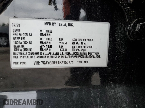 2023 Tesla Model Y Long Range with VIN 7SAYGDEE1PA150771, listed as a Copart auction lot 81805194 with 23,718 mi miles and Salvage Title. Bid and sale history available at DreamBid. Image 13.