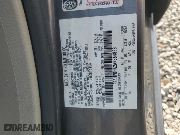 2010 Ford Fusion SE z VIN 3FAHP0HA2AR364858, wystawiony jako Copart lot #60855075 z przebiegiem 184 403 mil mil oraz Szkoda całkowita • Salvage title. Historia ofert i sprzedaży dostępna na DreamBid. Obrazek 12.