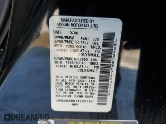 2007 Infiniti FX with VIN JNRAS08W07X202118, listed as a Copart auction lot 49879125 with 313,136 mi miles and Salvage title. Bid and sale history available at DreamBid. Image 13.