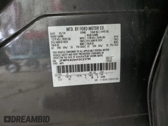 2019 Ford Edge SE with VIN 2FMPK4G94KBC23790, listed as a Copart auction lot 60103415 with 85,582 mi miles and Salvage title. Bid and sale history available at DreamBid. Image 14.