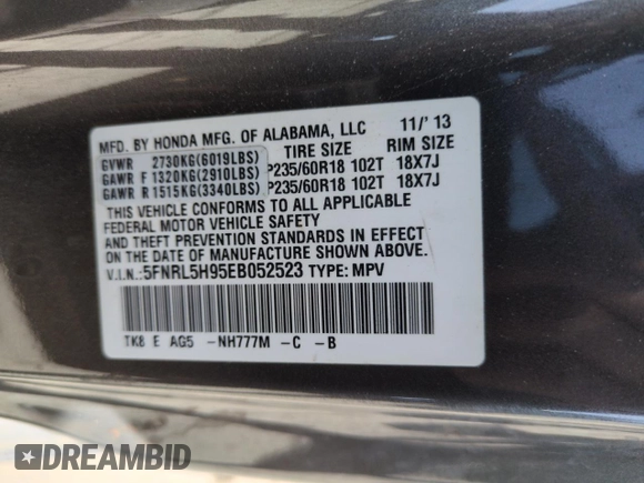 2014 Honda Odyssey Touring with VIN 5FNRL5H95EB052523, listed as a Copart auction lot 52214055 with 131,350 mi miles and Salvage Title. Bid and sale history available at DreamBid. Image 13.