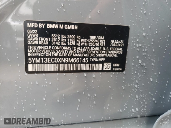2022 BMW X3 M z VIN 5YM13EC0XN9M66145, wystawiony jako Copart lot #39769893 z przebiegiem 1682 mil mil oraz . Historia ofert i sprzedaży dostępna na DreamBid. Obrazek 14.