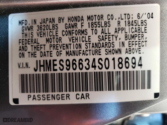 2004 Honda Civic with VIN JHMES96634S018694, listed as a Copart auction lot 82440634 with 123,012 mi miles and Salvage Title. Bid and sale history available at carsss.com. Image 13.