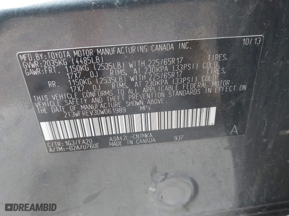 2013 Toyota RAV4 XLE with VIN 2T3WFREV3DW061989, listed as a IAAI auction lot 40766211 with 202,302 mi miles. Bid and sale history available at carsss.com. Image 9.