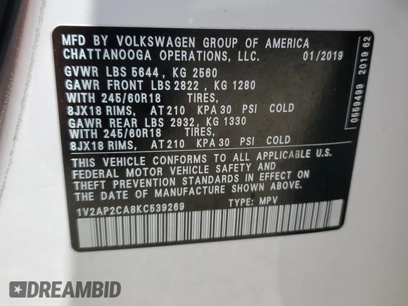 2019 Volkswagen Atlas S with VIN 1V2AP2CA8KC539269, listed as a Copart auction lot 56042985 with 93,320 mi miles and Salvage title. Bid and sale history available at DreamBid. Image 14.