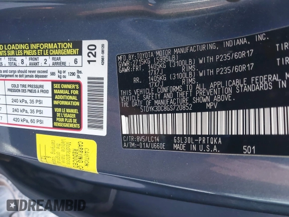 2016 Toyota Sienna XLE with VIN 5TDYK3DC8GS720852, listed as a IAAI auction lot 41341268 with 119,927 mi miles. Bid and sale history available at carsss.com. Image 9.